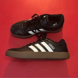 adidas Black Sneakers with White Stripes and Brown Sole Size 8.5